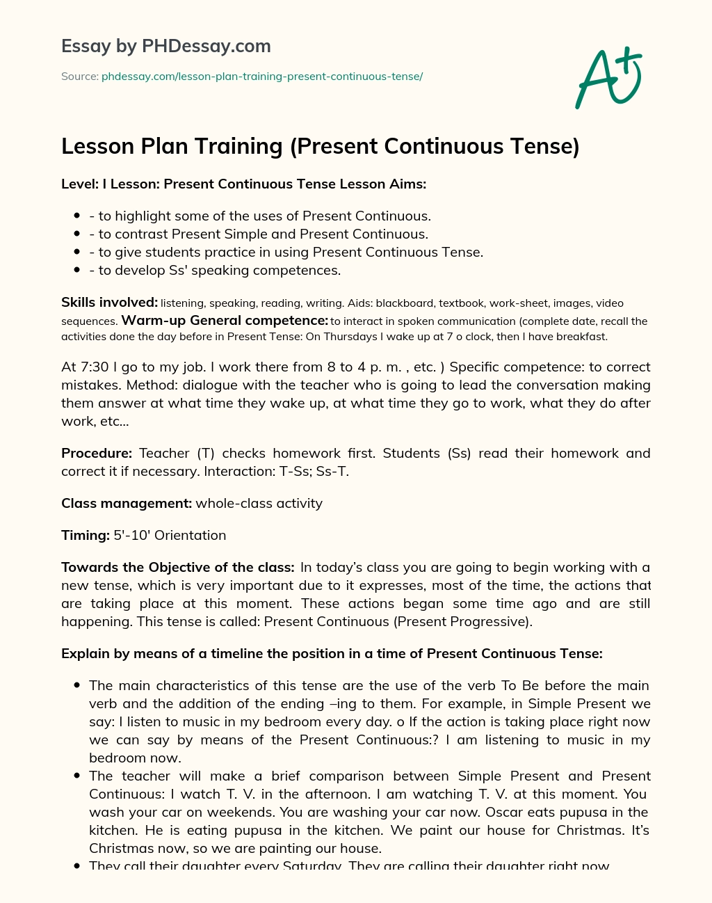 Lesson Plan Training (Present Continuous Tense) essay