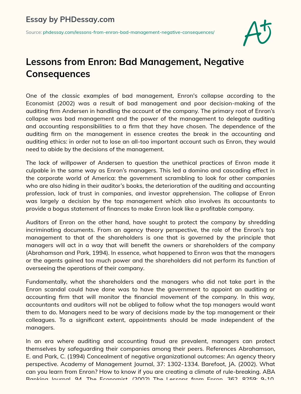 Lessons from Enron: Bad Management, Negative Consequences essay