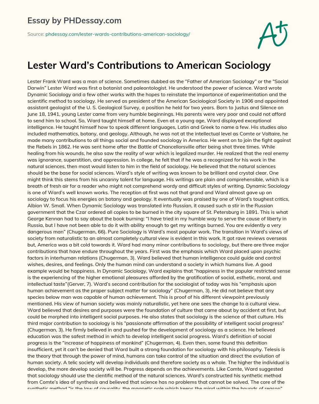 Lester Ward’s Contributions to American Sociology essay