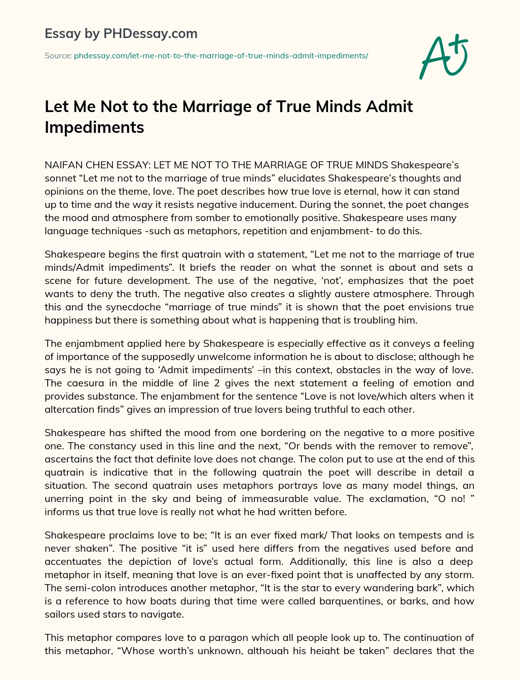 Let Me Not to the Marriage of True Minds Admit Impediments essay