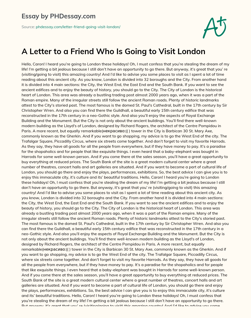 A Letter to a Friend Who Is Going to Visit London essay