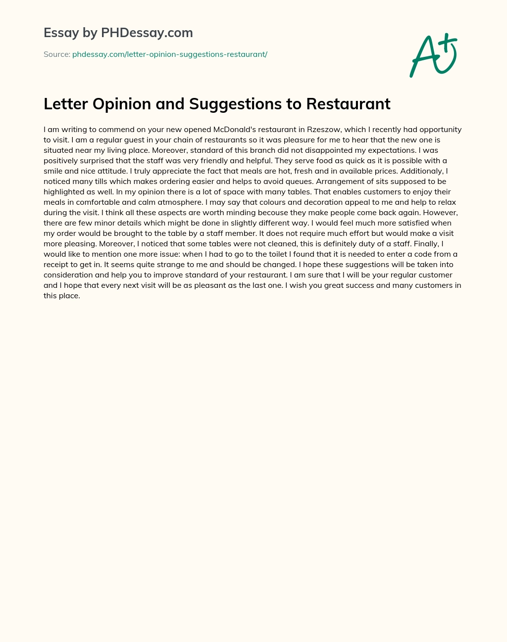 Letter Opinion and Suggestions to Restaurant essay