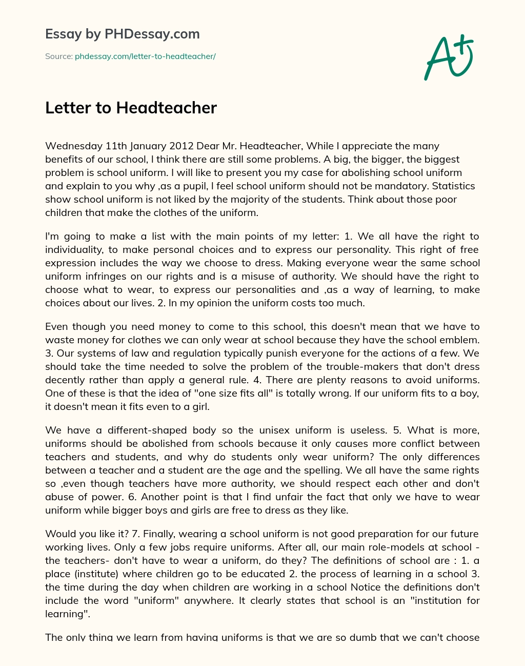 Letter to Headteacher on School Uniform essay