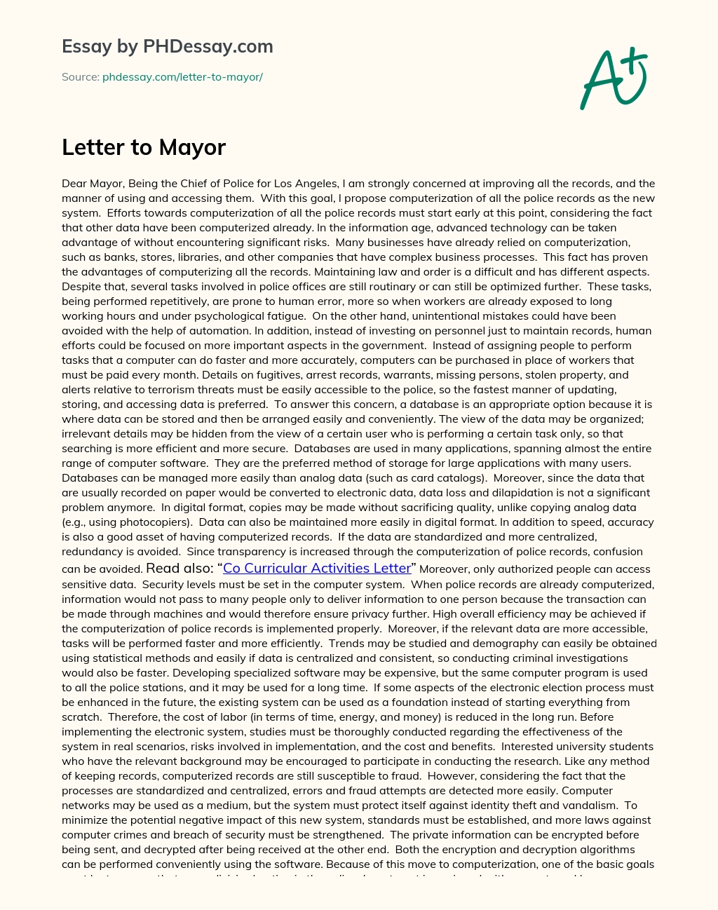Letter to Mayor essay