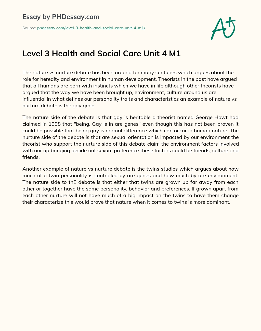 Level 3 Health and Social Care Unit 4 M1 essay