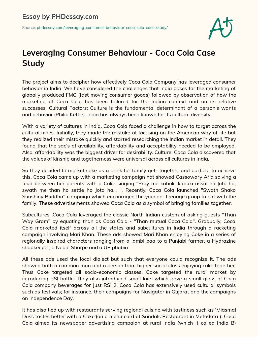 Leveraging Consumer Behaviour – Coca Cola Case Study essay