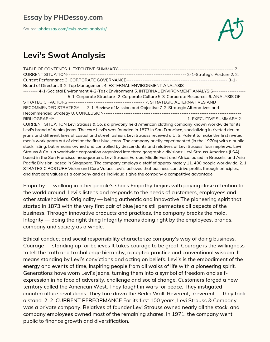 Levi’s Swot Analysis essay