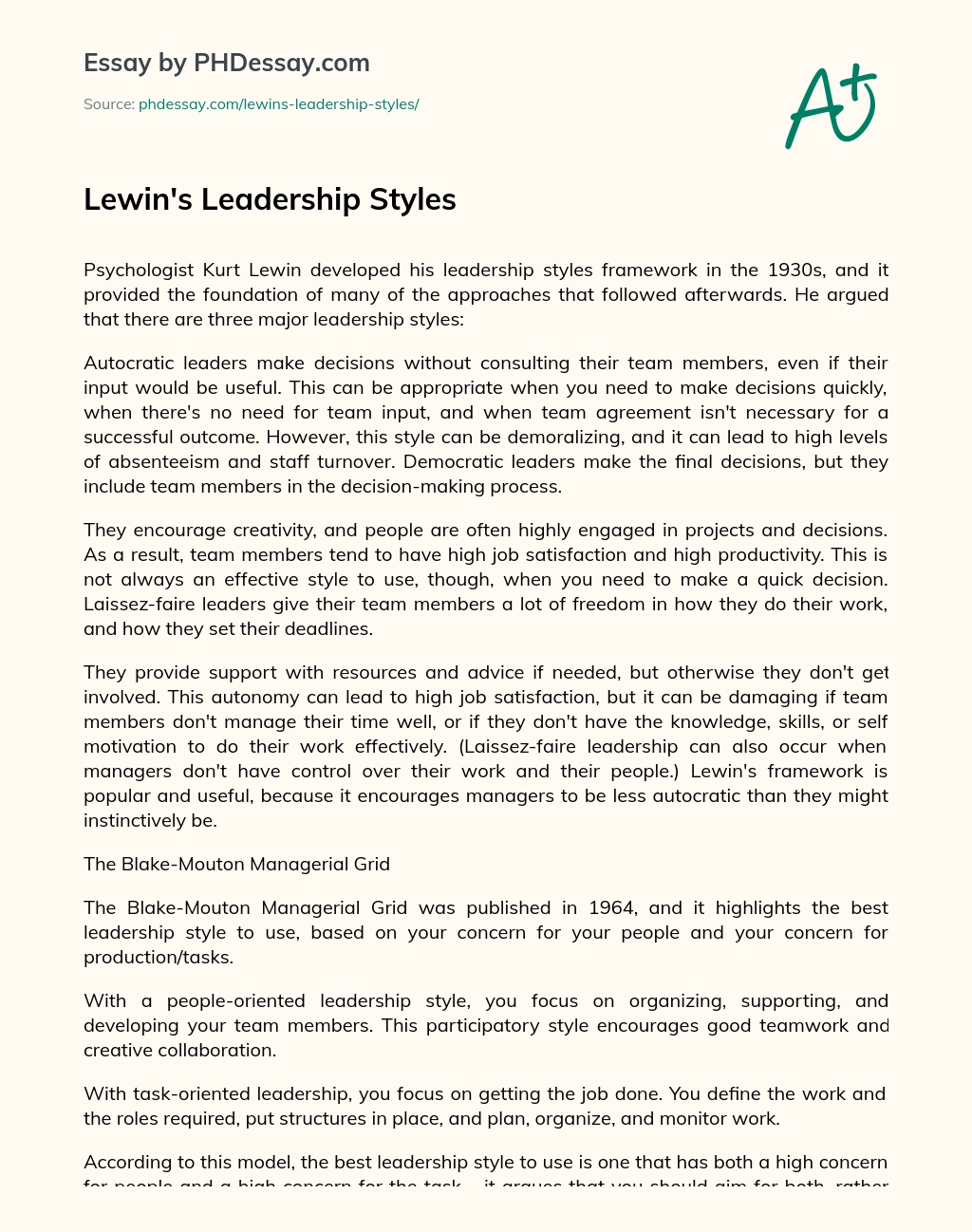 Lewin’s Leadership Styles essay