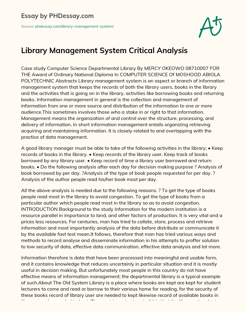 Library Management System Critical Analysis essay