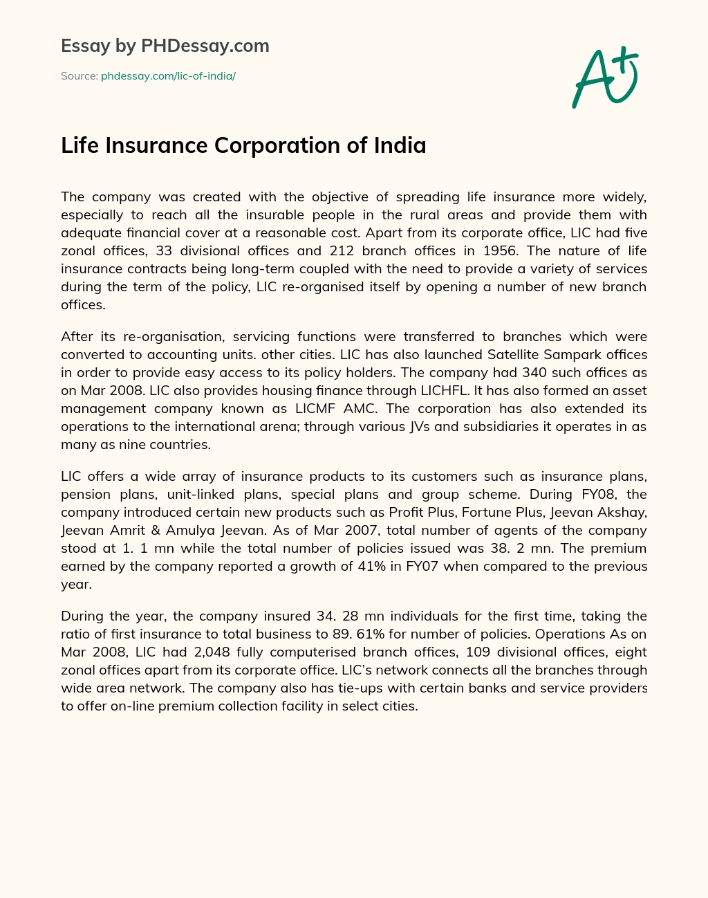 Life Insurance Corporation of India essay