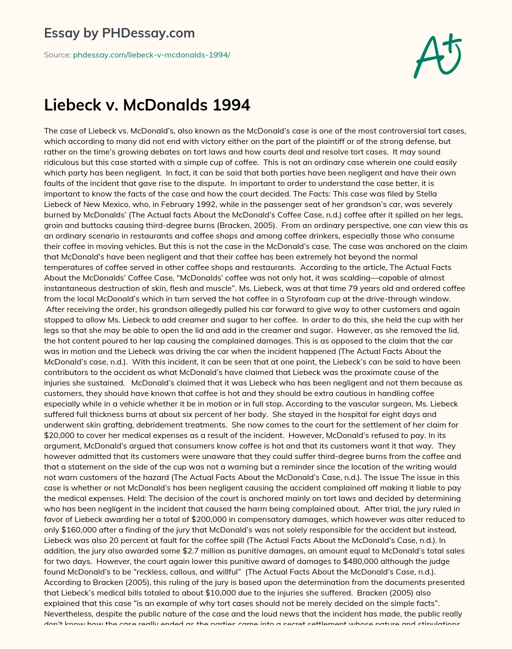 Liebeck v. McDonalds 1994 essay