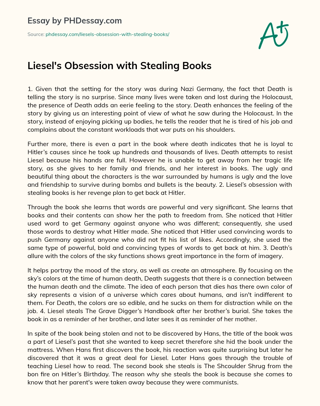 Liesel’s Obsession with Stealing Books essay