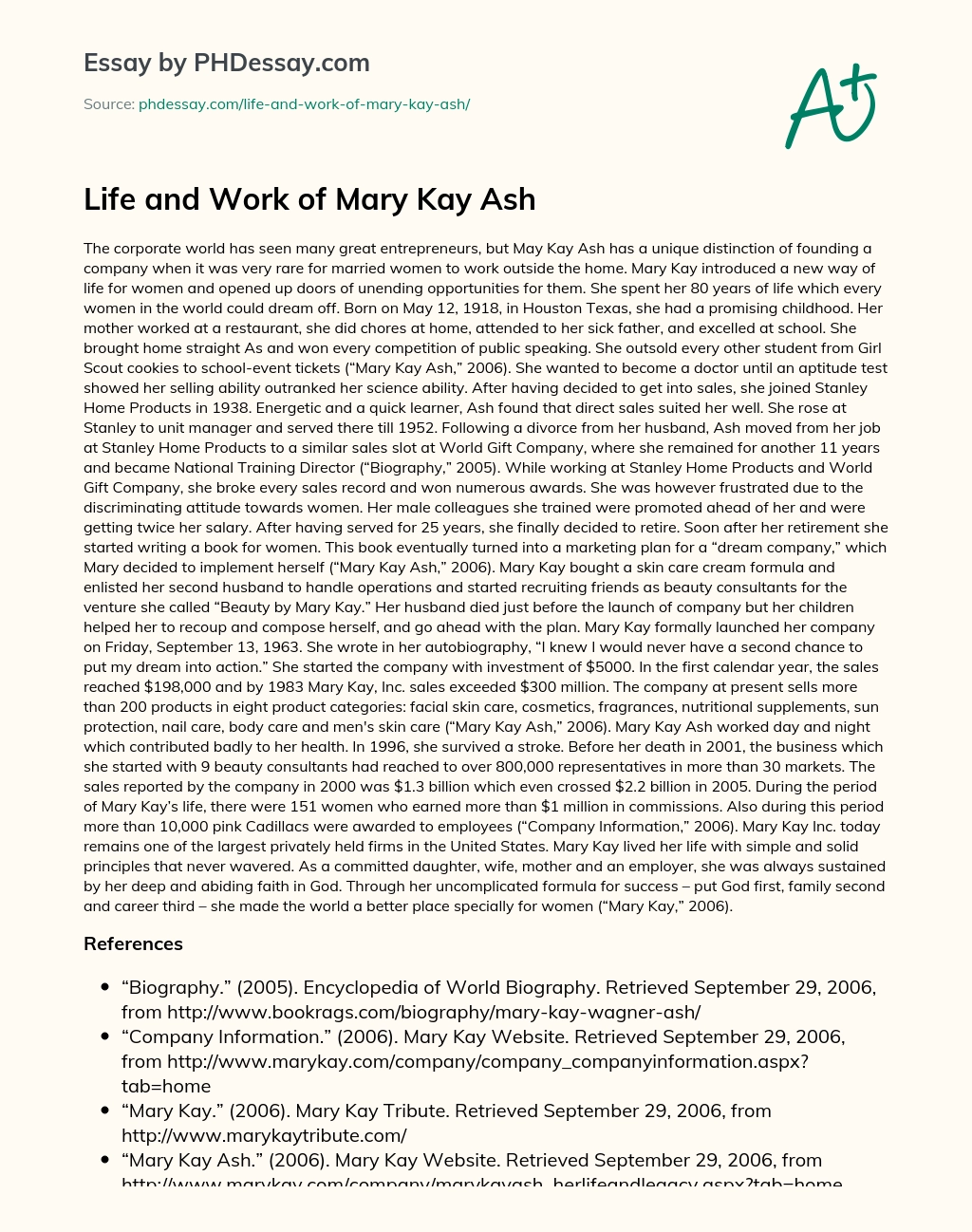 Life and Work of Mary Kay Ash essay