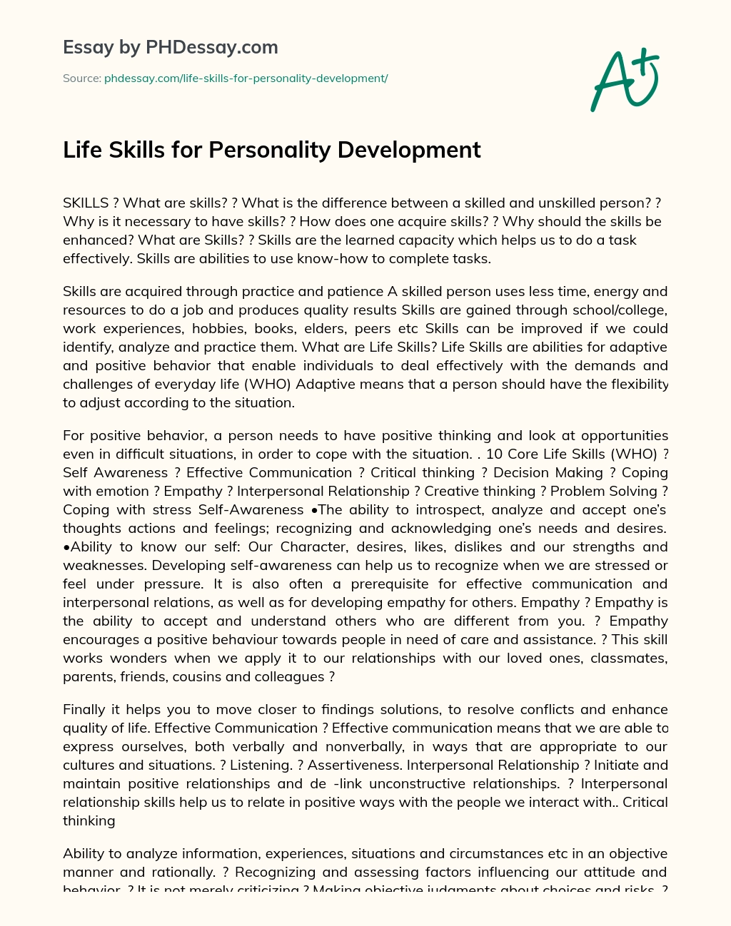 Life Skills for Personality Development essay