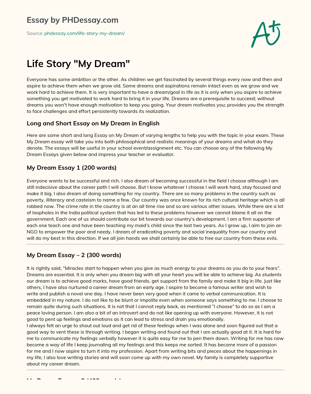 Life Story My Dream essay