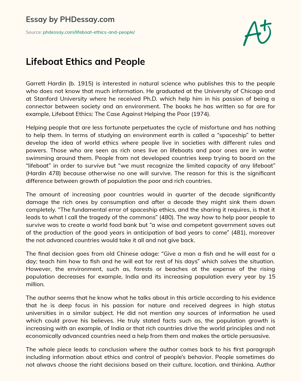 Lifeboat Ethics and People essay