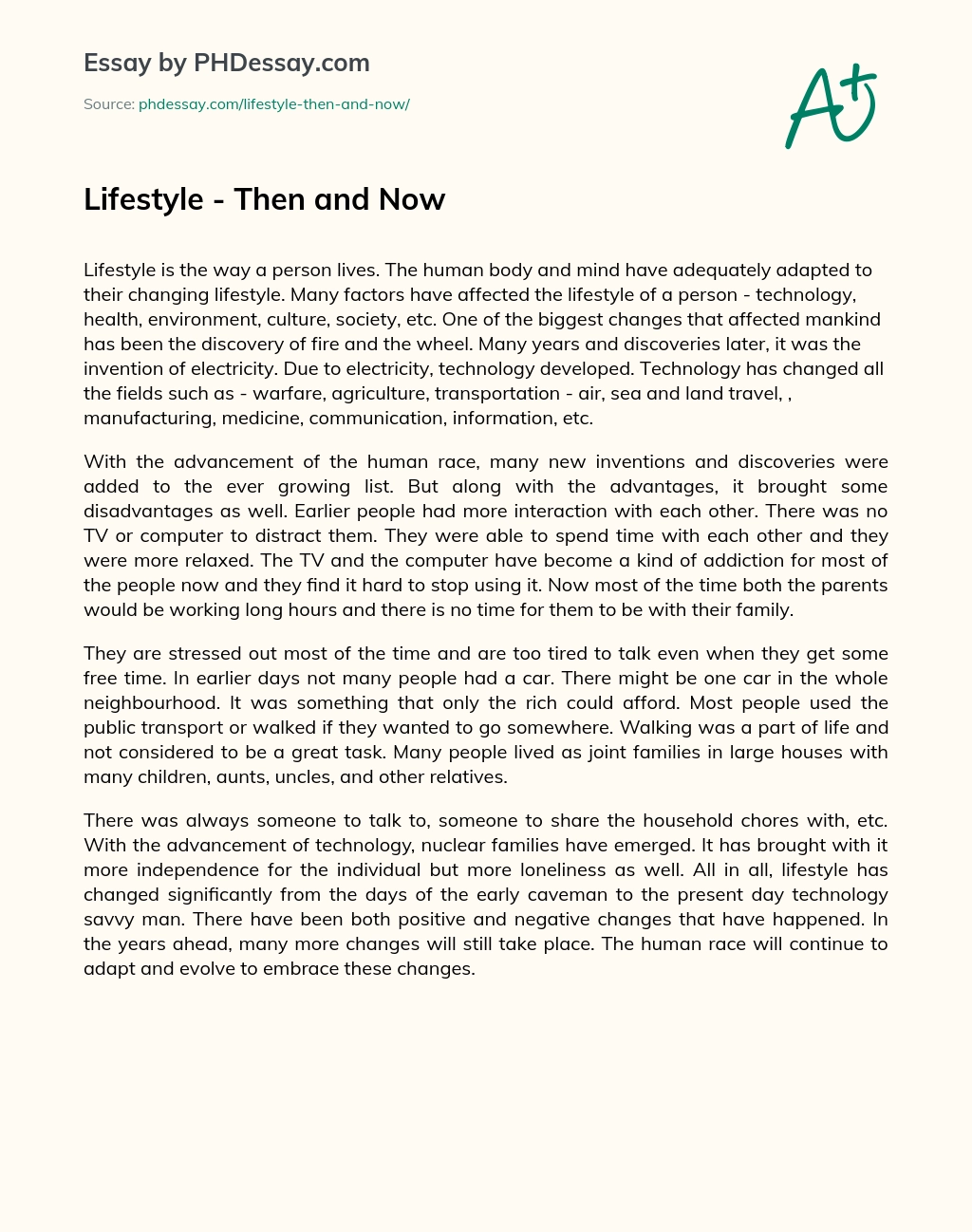 Lifestyle – Then and Now essay