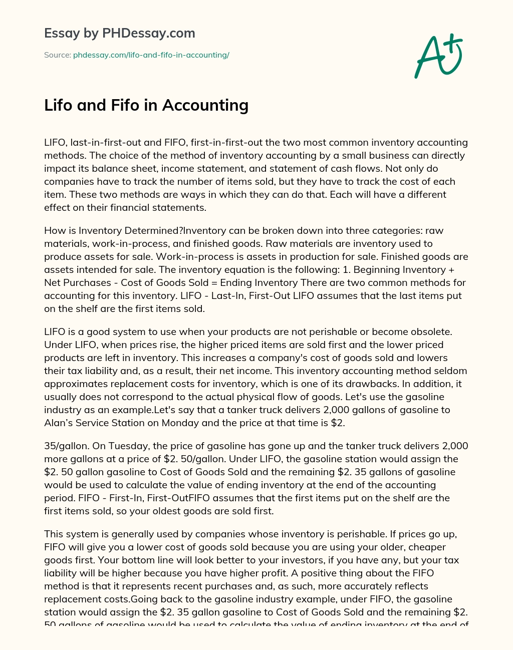 Lifo and Fifo in Accounting essay