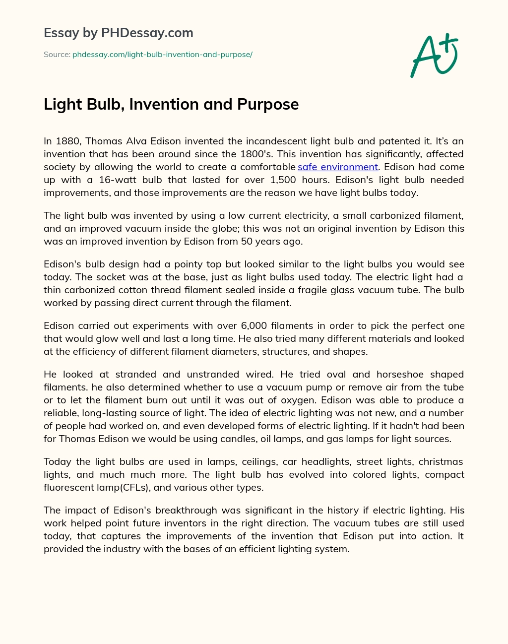 Light Bulb, Invention and Purpose essay