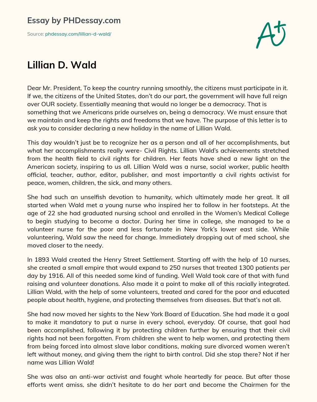 Lillian D. Wald essay