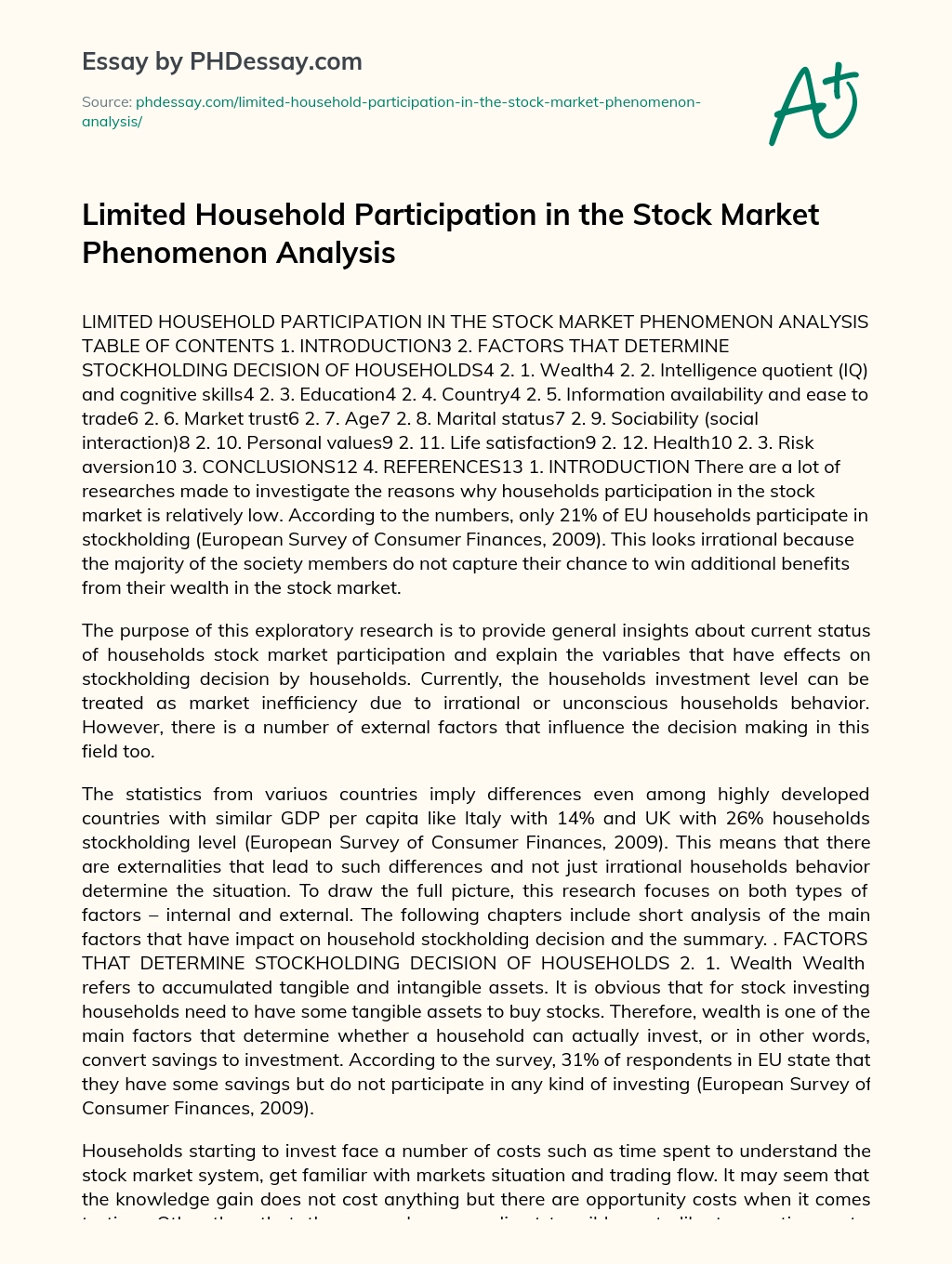 Limited Household Participation in the Stock Market Phenomenon Analysis essay