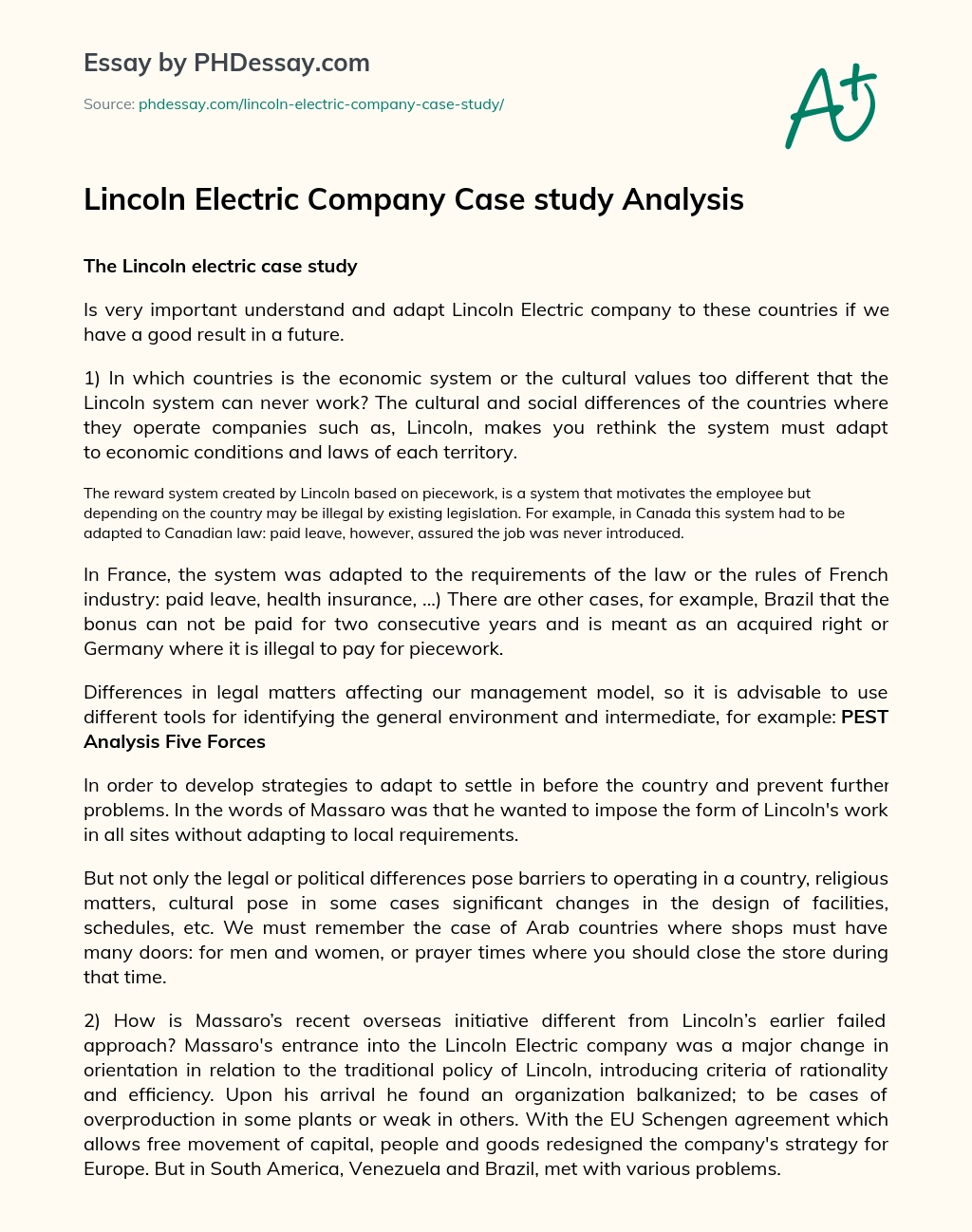 Lincoln Electric Company Case study Analysis essay