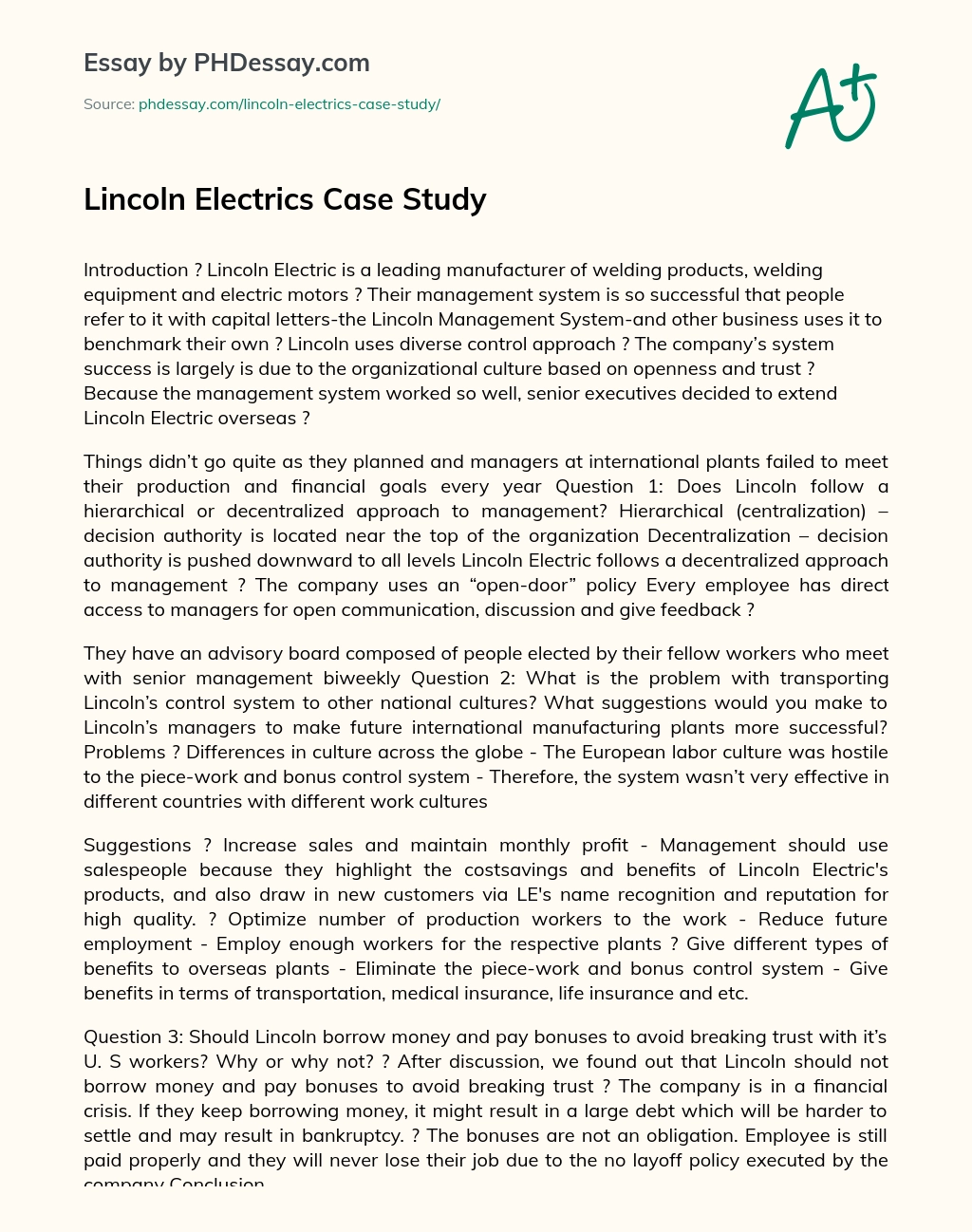 Lincoln Electrics Case Study essay