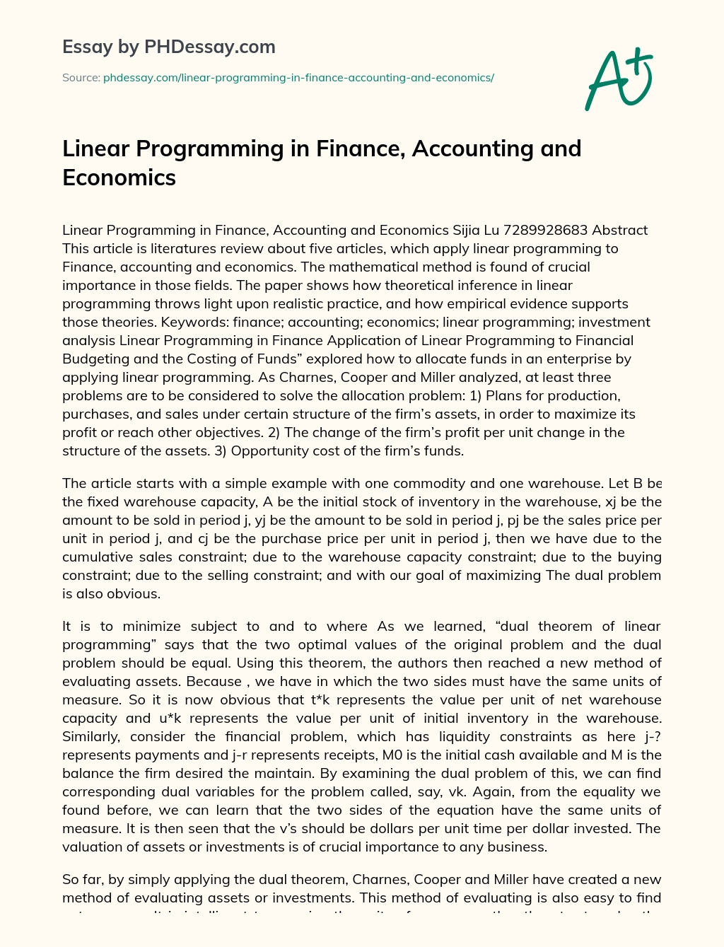 Linear Programming in Finance, Accounting and Economics essay