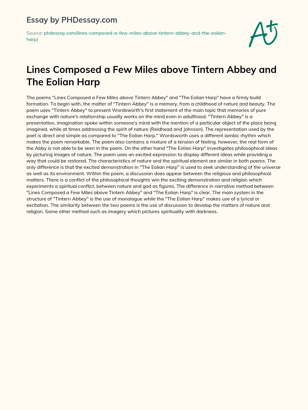 Lines Composed a Few Miles above Tintern Abbey and The Eolian Harp essay