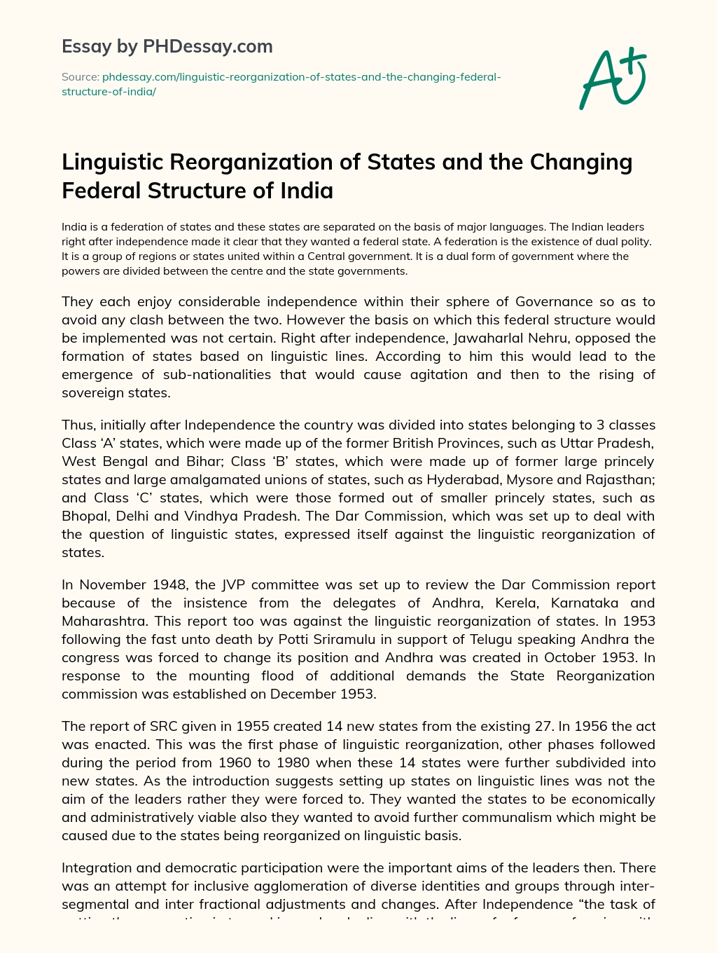 Linguistic Reorganization of States and the Changing Federal Structure of India essay