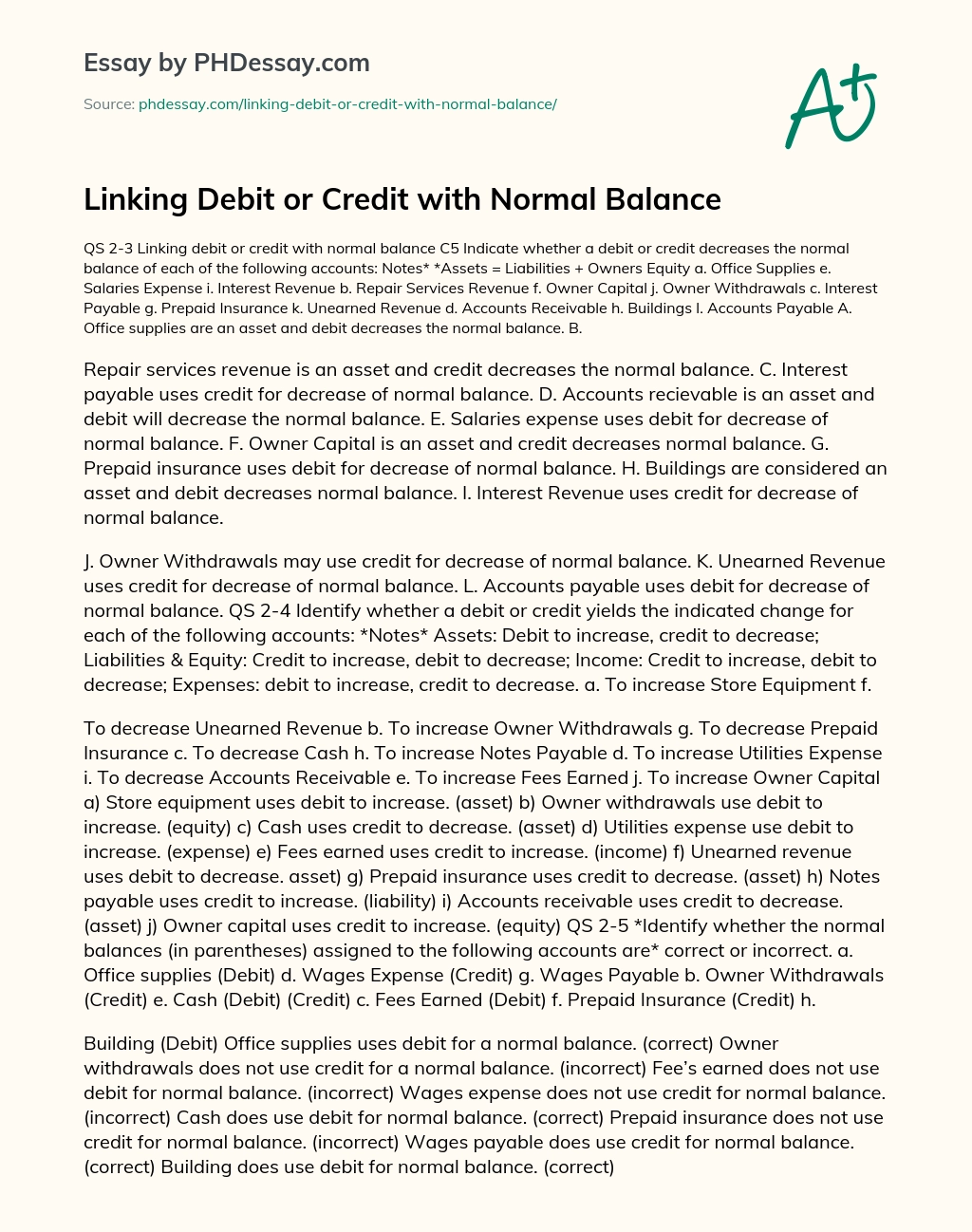 Linking Debit or Credit with Normal Balance essay