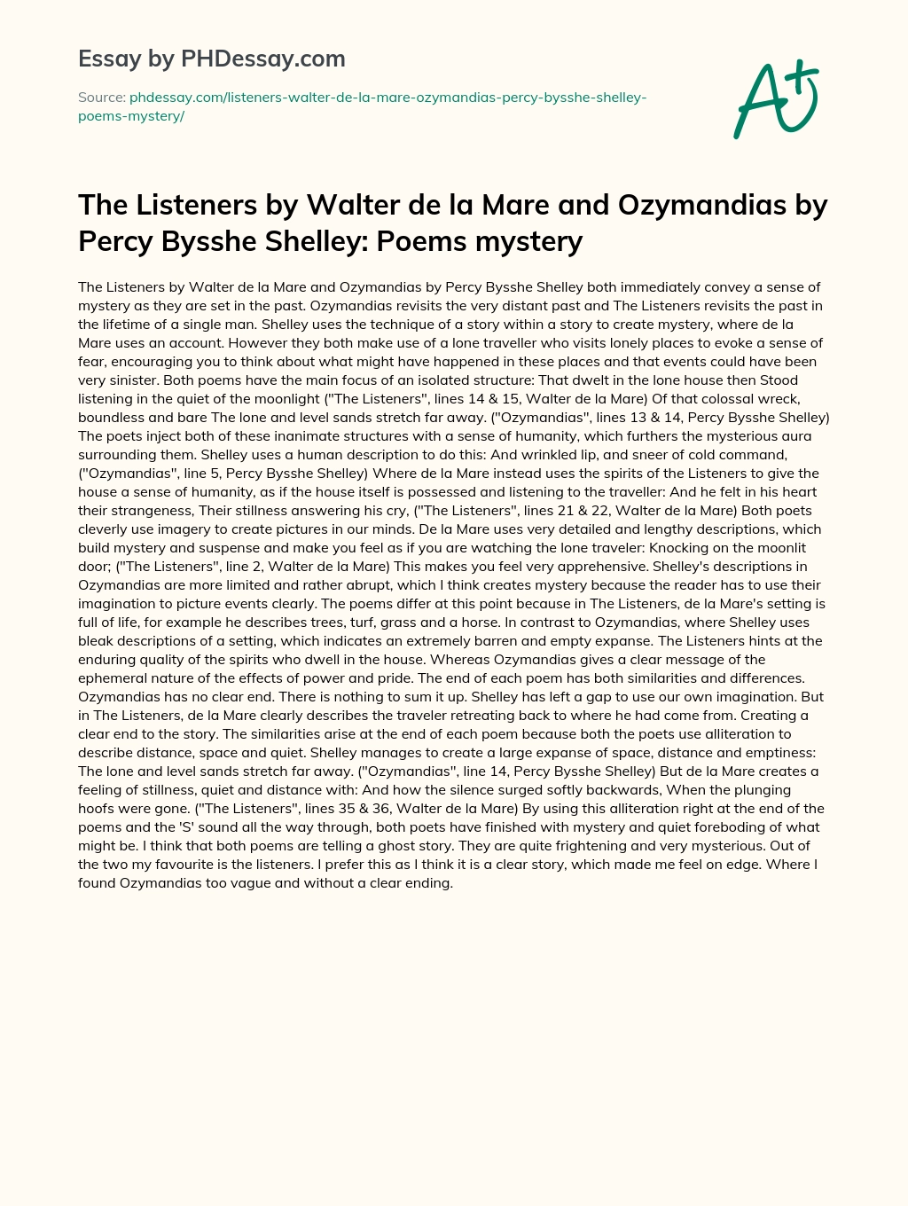 The Listeners by Walter de la Mare and Ozymandias by Percy Bysshe Shelley: Poems mystery essay