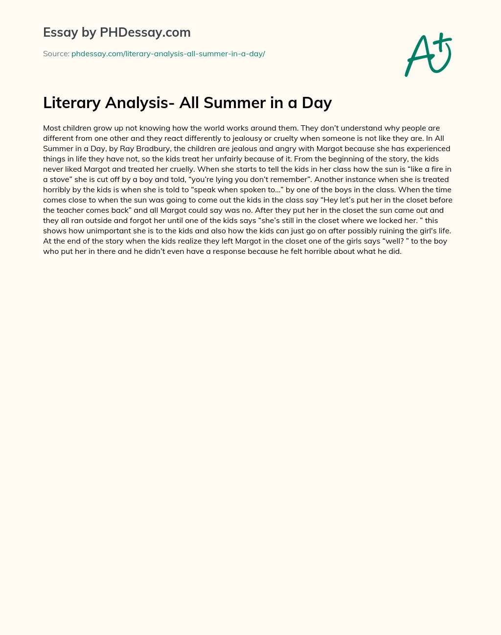 Literary Analysis- All Summer in a Day essay