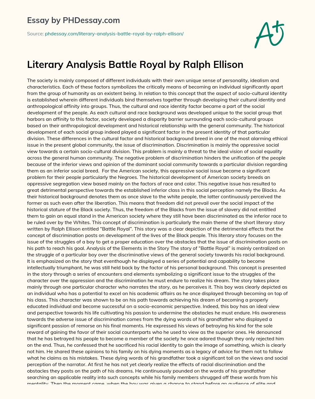 Literary Analysis Battle Royal by Ralph Ellison essay