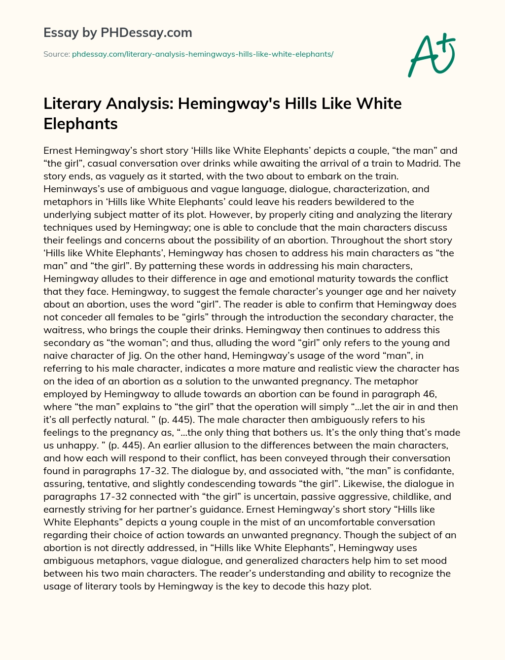 Реферат: Analysis Of Hills Like White Elephants Essay