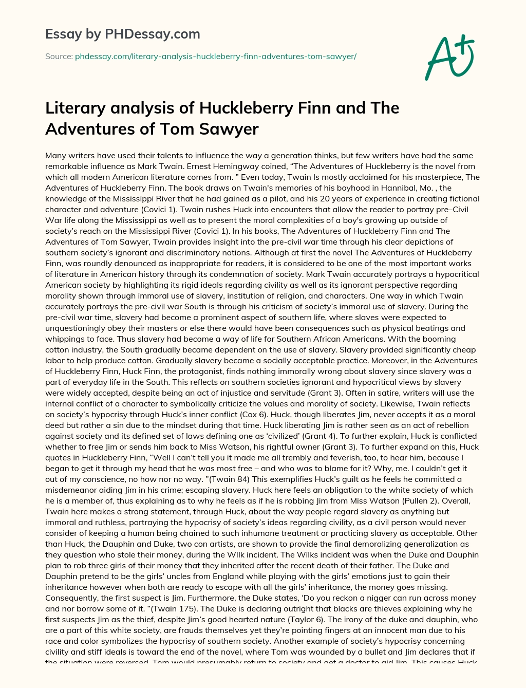 Literary analysis of Huckleberry Finn and The Adventures of Tom Sawyer essay