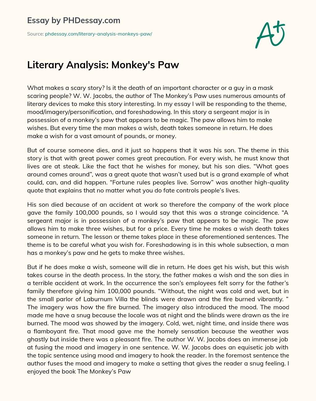 Literary Analysis: Monkey’s Paw essay