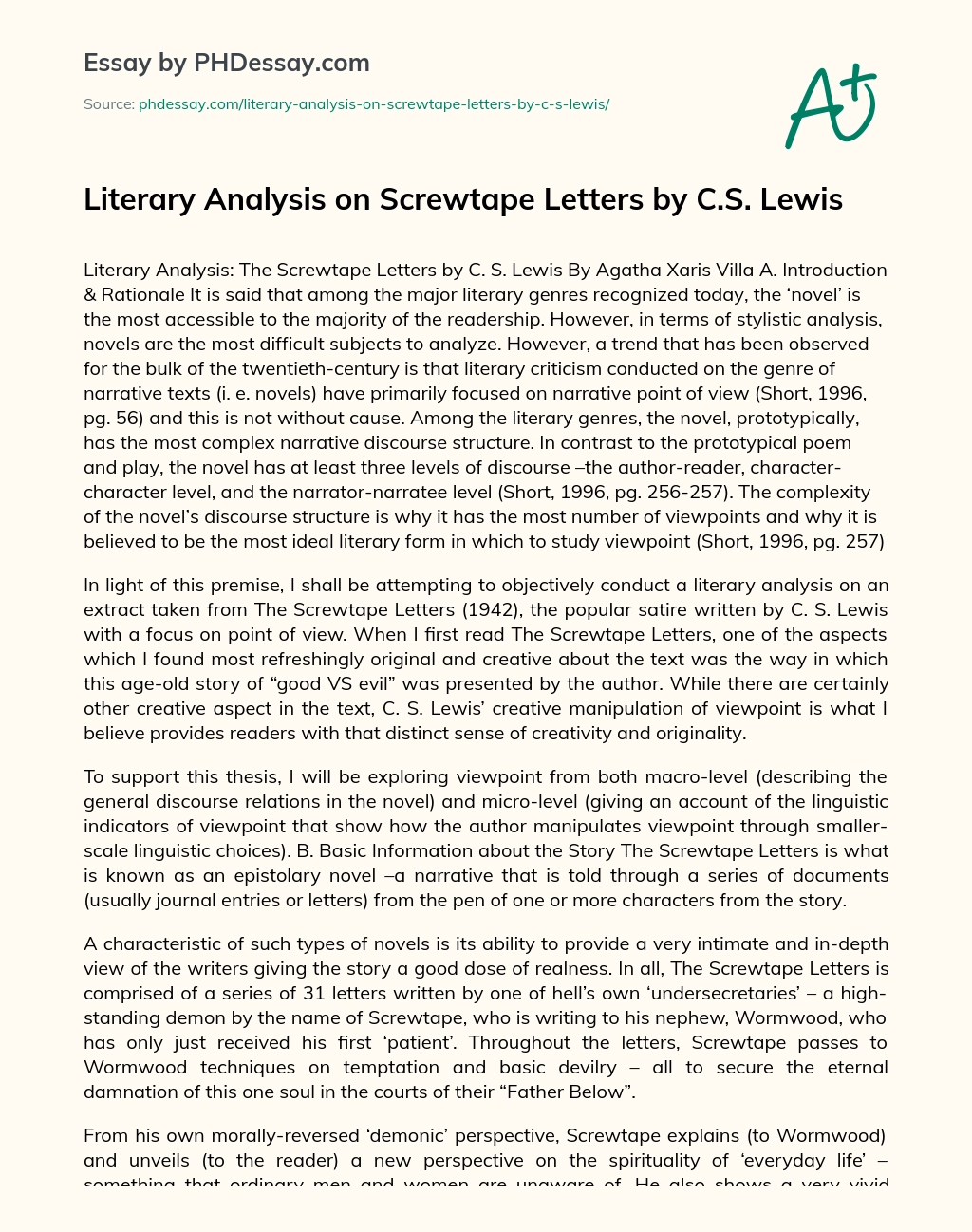 Literary Analysis on Screwtape Letters by C.S. Lewis essay