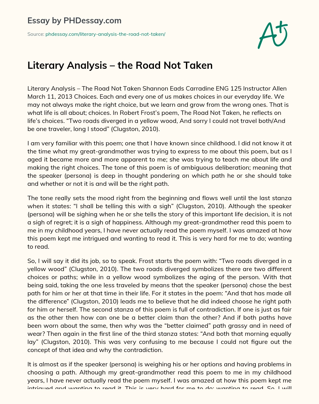 Literary Analysis – the Road Not Taken