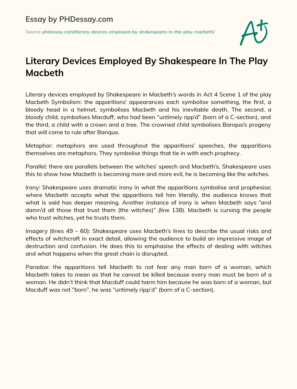 Literary Devices Employed By Shakespeare In The Play Macbeth essay