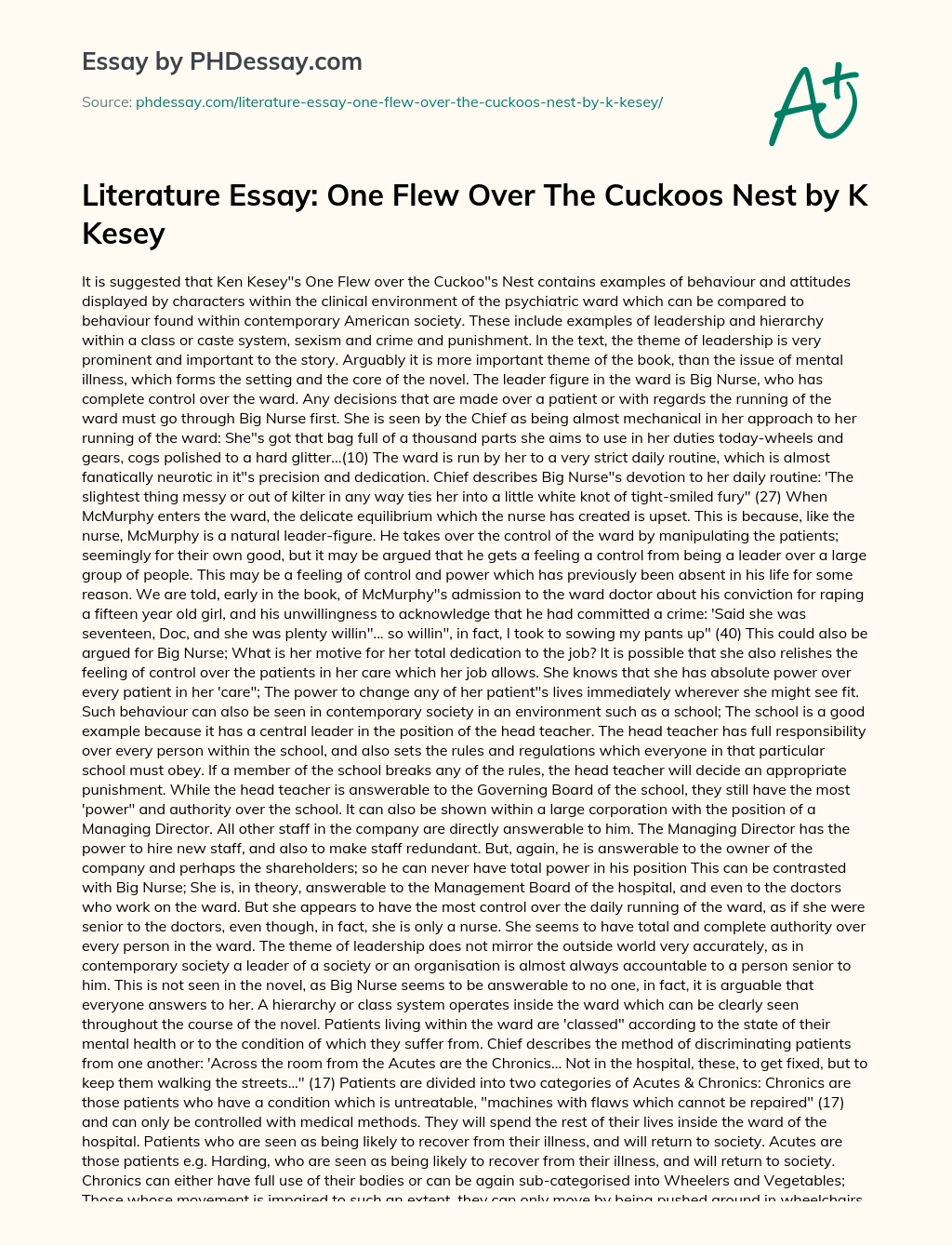 Literature Essay: One Flew Over The Cuckoos Nest by K Kesey essay