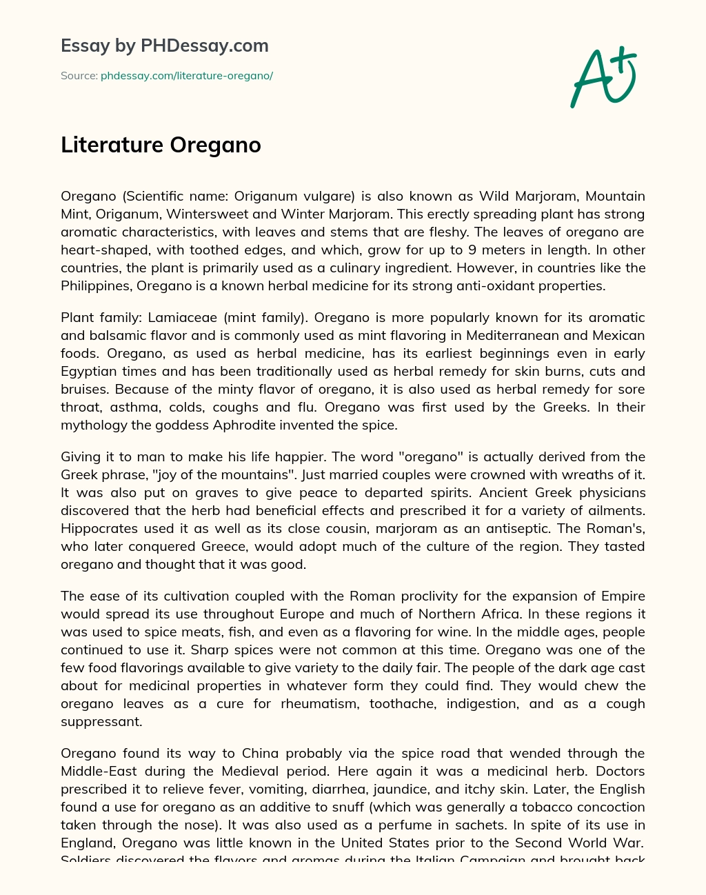 Literature Oregano essay