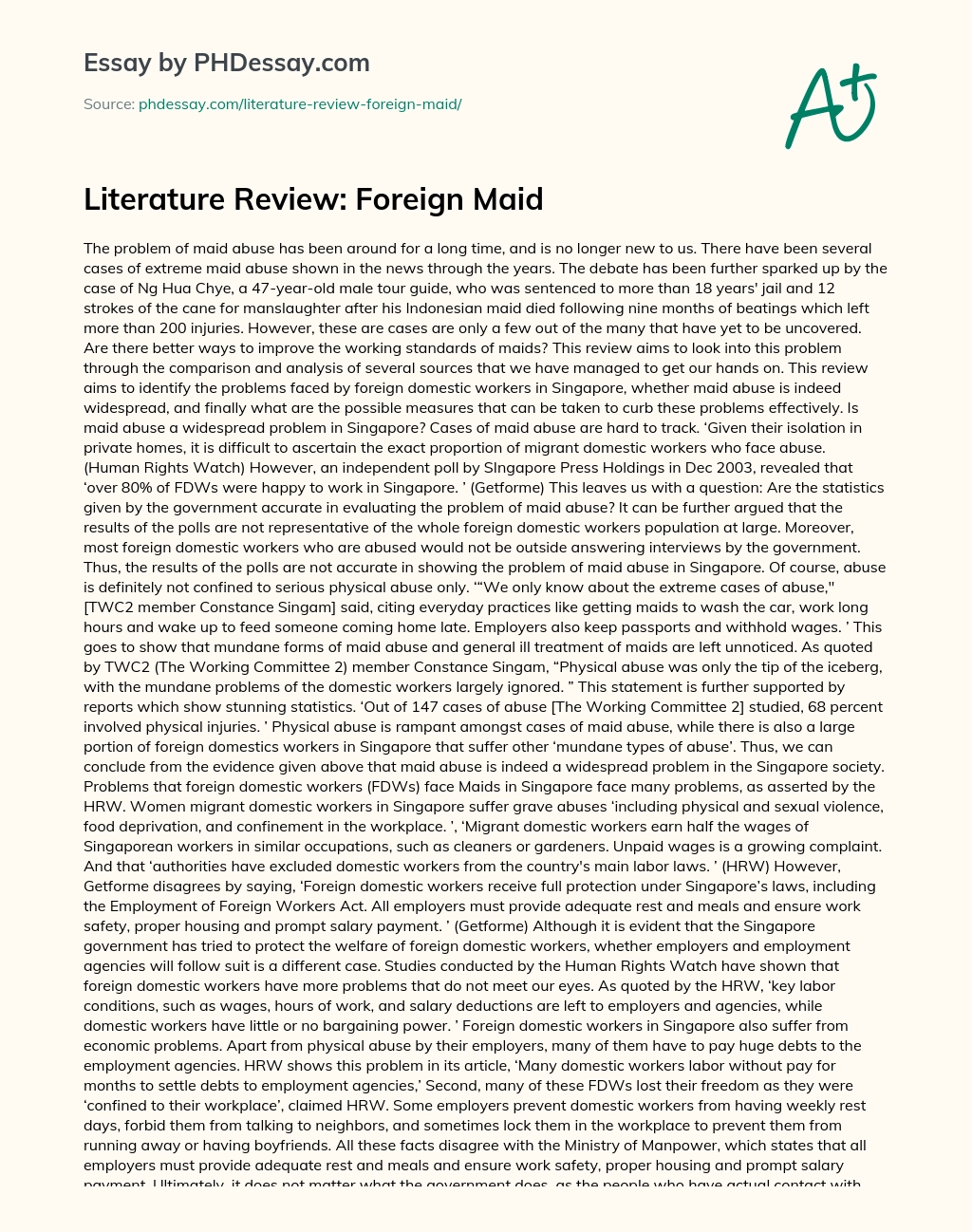Literature Review: Foreign Maid essay