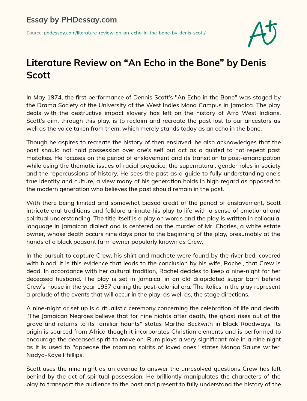 Literature Review on “An Echo in the Bone” by Denis Scott essay