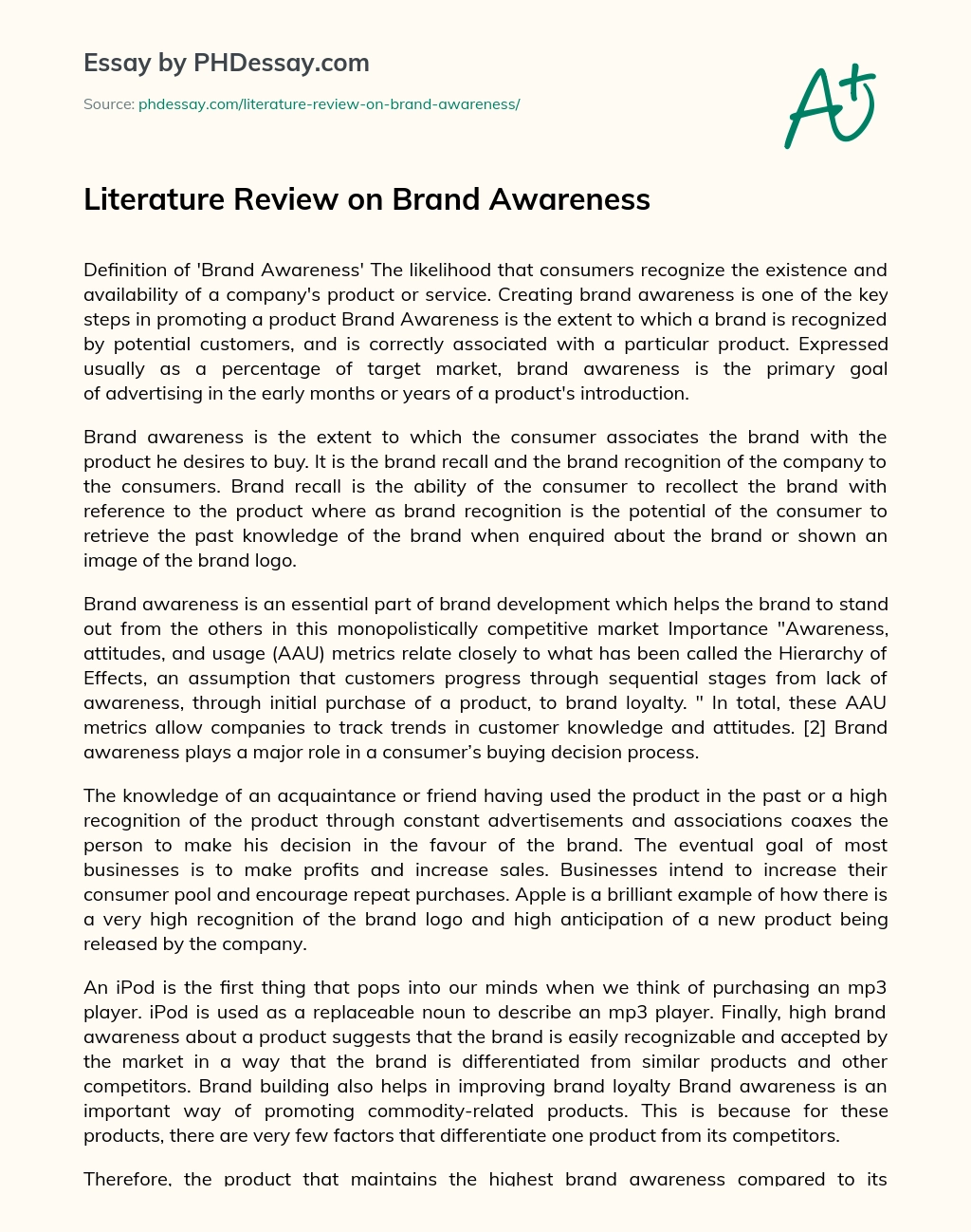 Literature Review on Brand Awareness essay