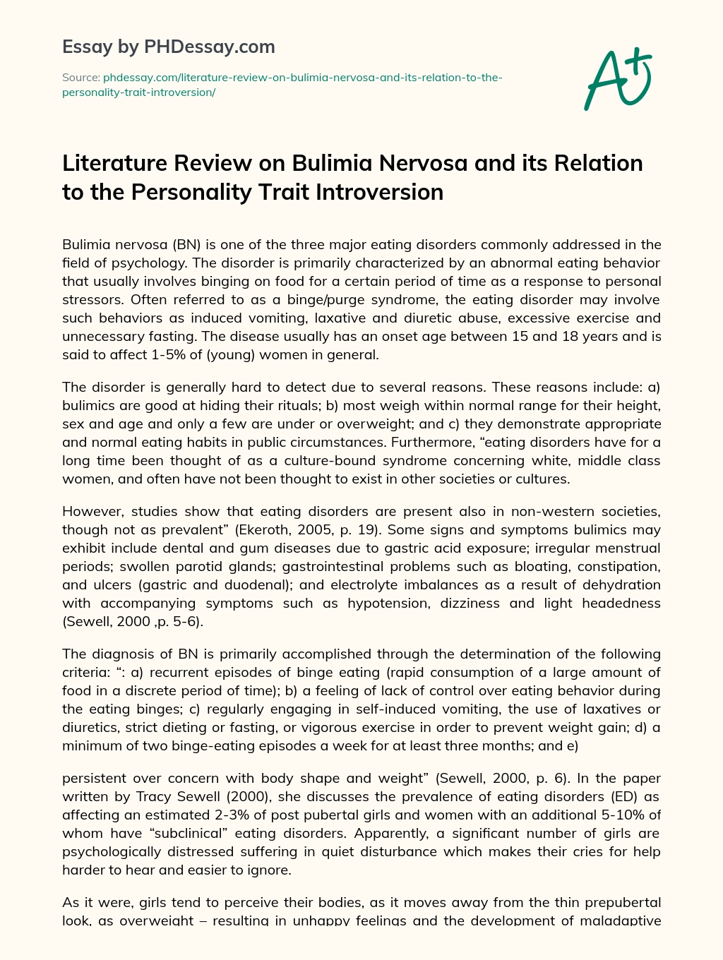 Literature Review on Bulimia Nervosa and its Relation to the Personality Trait Introversion essay