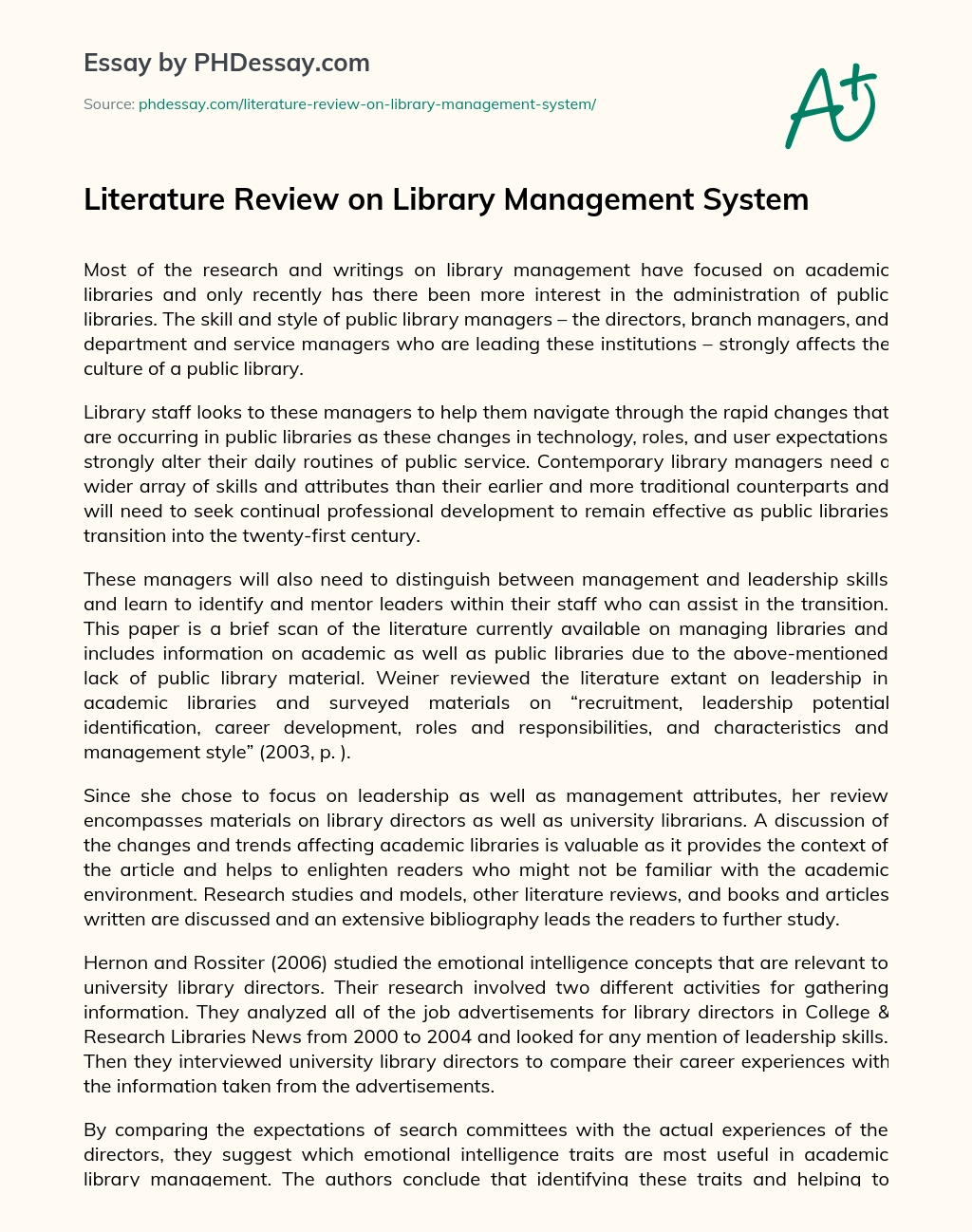 Literature Review on Library Management System essay