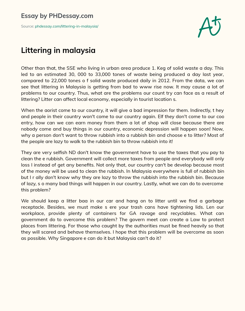 Littering in malaysia essay