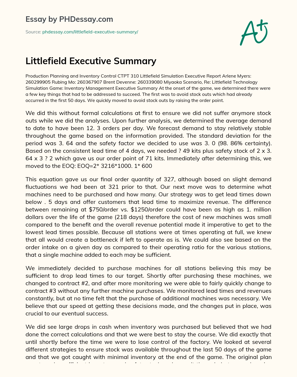 Littlefield Executive Summary essay