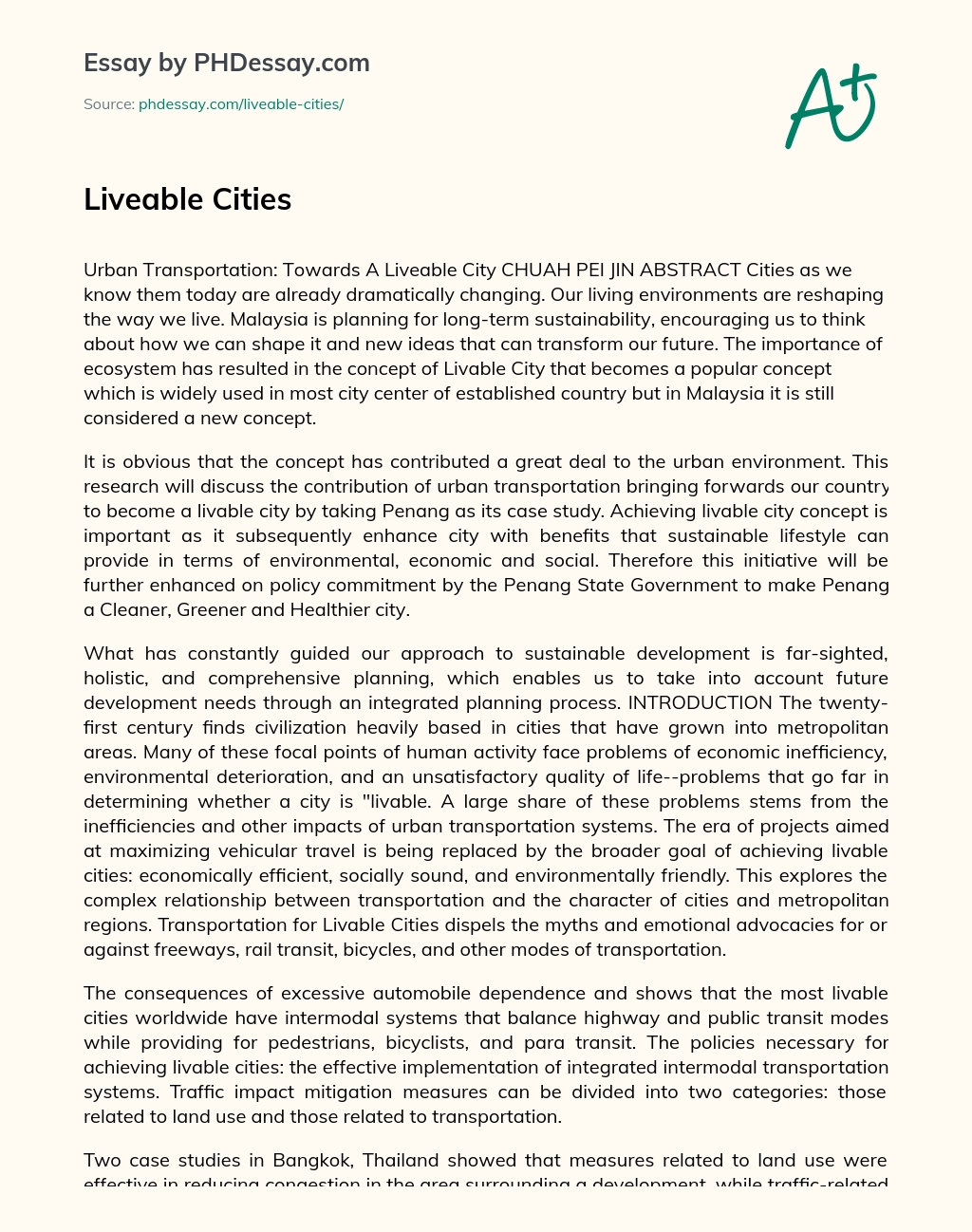 Penang as Liveable City: Urban Transport Issues essay
